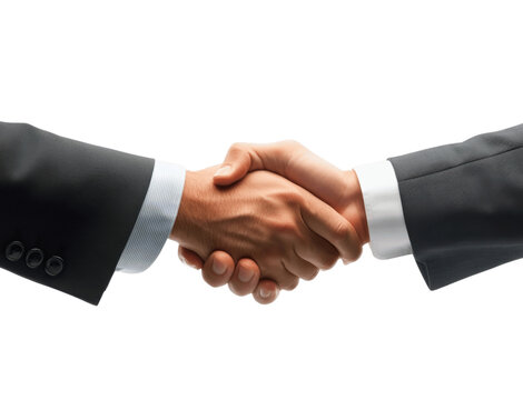 A front-facing view of two business partners shaking hands, dressed in professional suits, smiling, isolated on a white background for a corporate look