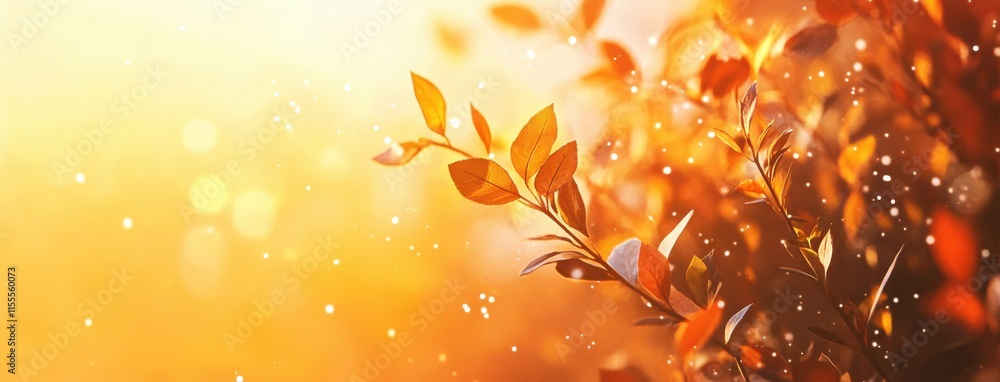 Poster a beautiful sunset glow illuminating delicate leaves, creating a serene atmosphere with soft light a