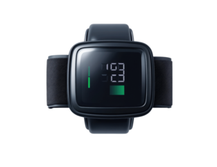 A realistic blood pressure monitor with a cuff and digital display, isolated on a white background, showing the device from the front