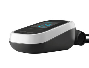 A realistic blood pressure monitor with a cuff and digital display, isolated on a white background, showing the device from the front