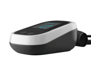 A realistic blood pressure monitor with a cuff and digital display, isolated on a white background, showing the device from the front