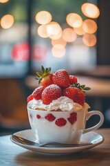 Freshly Made Strawberry Cheesecake in a White Cup Surrounded by Soft Bokeh Lights at a Cozy Cafe Setting Perfect for Dessert Lovers