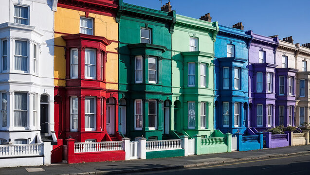 Colorful victorian houses standing in a row under blue sky