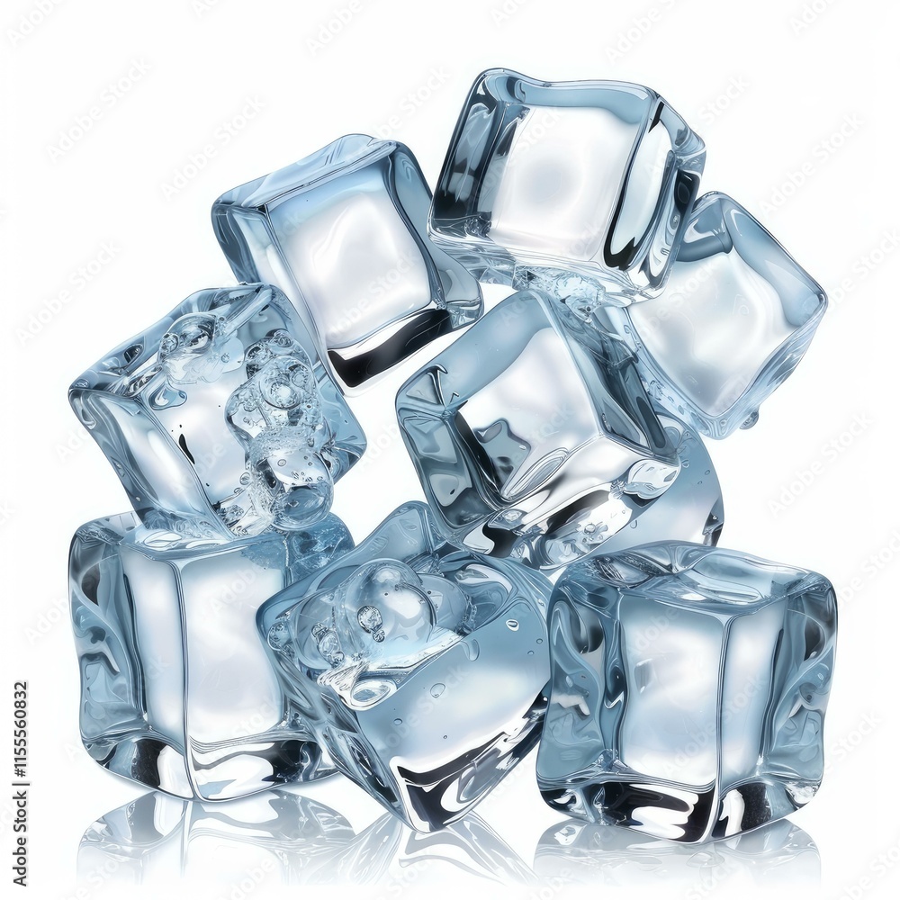 Poster crystal clear ice cubes falling and reflecting on a white background, creating a refreshing and cool