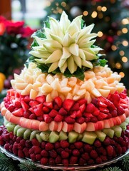 A decorative fruit display arranged in layers, resembling a festive tree, perfect for celebrations.