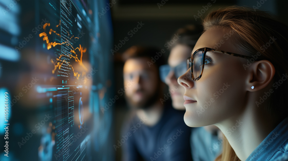Poster group of young professionals analyzing data on a digital screen in a modern office environment durin