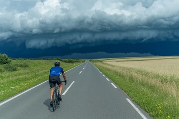 Fototapeta premium A cyclist riding on a quiet, empty highway under dramatic storm clouds with rain visible in the distance