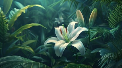 Serene White Lily in Lush Tropical Foliage