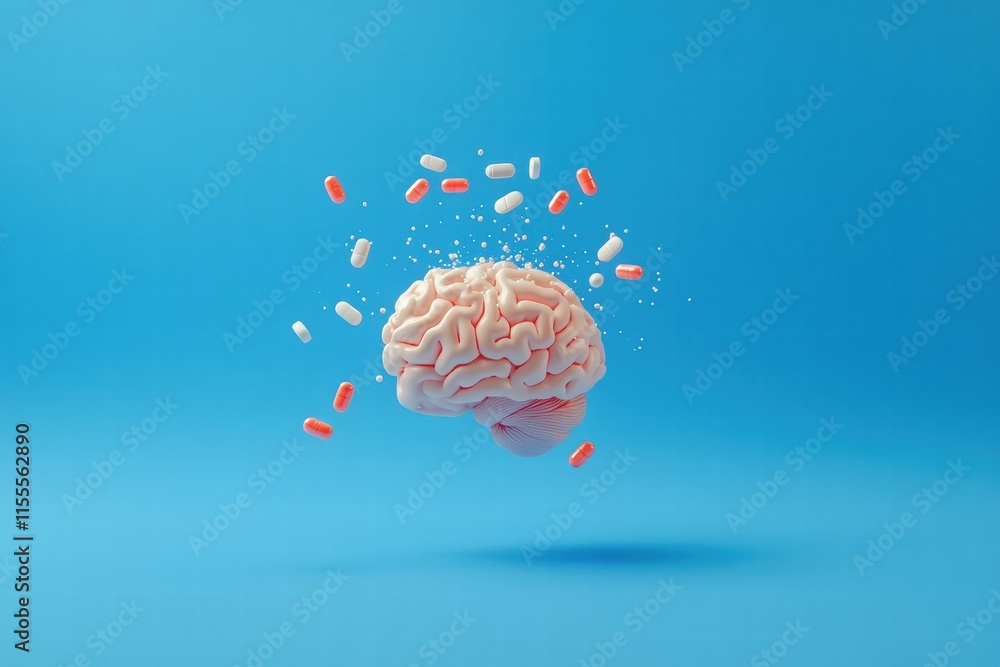 Poster 3d model of human brain surrounded by colorful pills floating in a vibrant blue background. generati