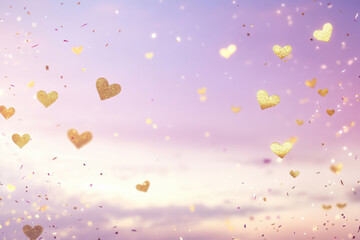 A romantic, dreamy background with golden hearts floating through a soft pastel sky, complemented by gentle bokeh effects. Ideal for love-themed content, Valentine’s Day promotions with copyspace 
