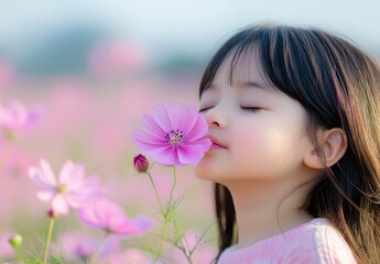A Serene Moment of a Young Girl Smelling a Flower Surrounded by a Blooming Field of Pink Cosmos Flowers in Soft Natural Light