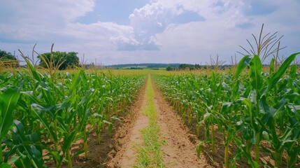 Fototapeta premium A field of corn is shown with a clear blue sky in the background