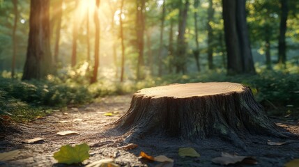 Tree stump podium with intricate grain patterns in a sunlit grove 
