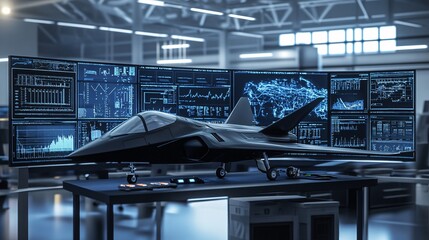 Futuristic Military Aircraft Design Display in Modern Workshop