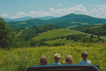 A family road trip scene with kids looking out the car windows, traveling on a scenic highway through green hills