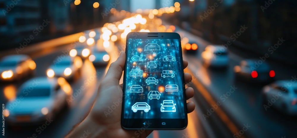 Poster a hand holds a smartphone displaying a digital traffic map in a city setting.