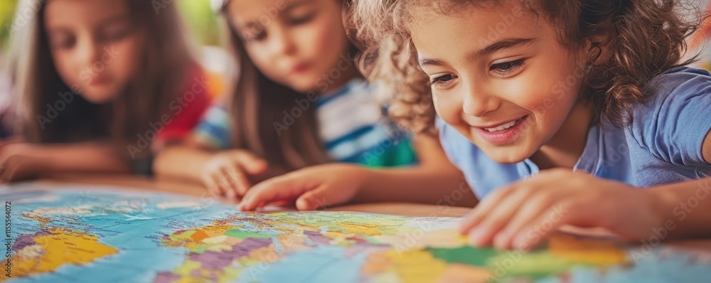 Aufkleber diverse children exploring interactive global geography map in classroom