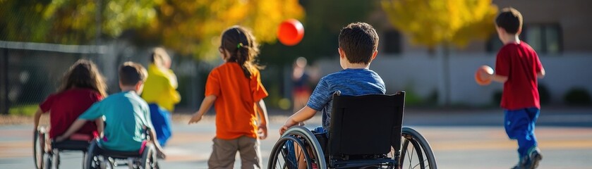 Inclusive Schoolyard Scene with Children of All Abilities Playing Together in Adaptive Sports Activity