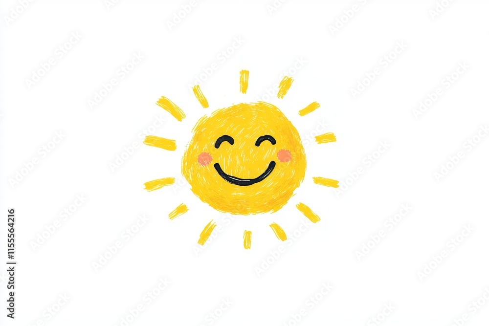 Poster a flat illustration of a smiling sun surrounded by cheerful rays and small glowing stars on a clean 