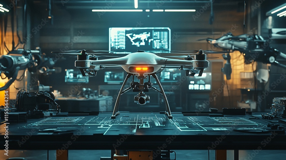 Aufkleber high-tech drone being calibrated with robotic arms in modern workshop