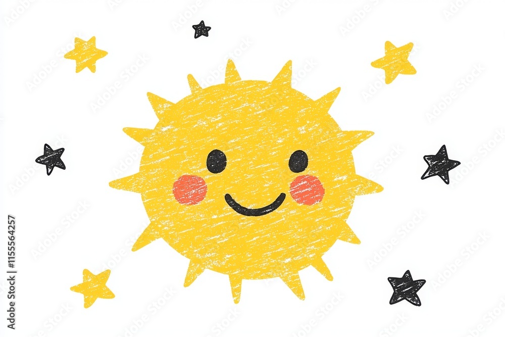 Poster a flat illustration of a smiling sun surrounded by cheerful rays and small glowing stars on a clean 