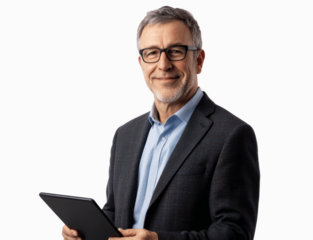 A CEO or executive standing with a tablet, dressed in a suit, smiling confidently at the camera, isolated on a white background