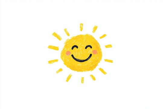 A flat illustration of a smiling sun surrounded by cheerful rays and small glowing stars on a clean white background