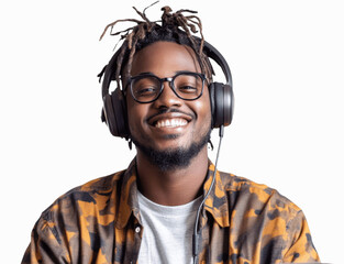 A professional with a headset and laptop, appearing ready for a virtual meeting, smiling and looking forward, isolated on a white background