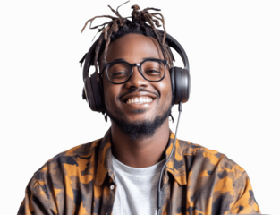 A professional with a headset and laptop, appearing ready for a virtual meeting, smiling and looking forward, isolated on a white background