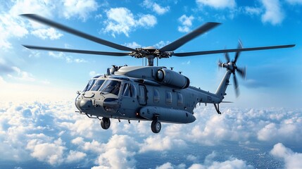 Advanced Military Helicopter in Flight Over Cloudy Sky