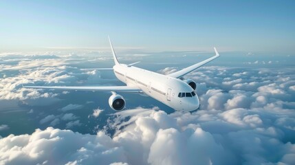 A peaceful minimalistic aerial shot of an airplane soaring above white clouds