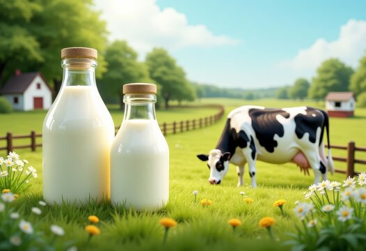 Farm Fresh Milk Bottles and Cow in Pasture
