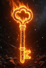 Fiery Key:  Burning Skeleton Key on Dark Ground