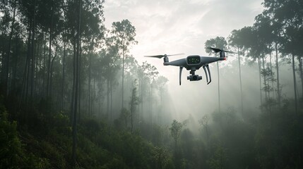 Fototapeta premium Advanced Surveillance Drone Flying Over Dense Forest Landscape
