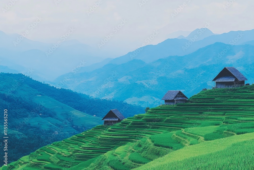 Poster a geometric representation of a terraced rice field in laos, featuring clean shapes and gradient gre