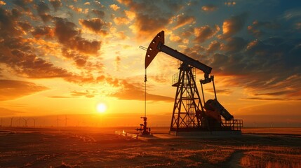 Oil Pump Silhouette at Sunset: Energy Extraction in a Vibrant Landscape