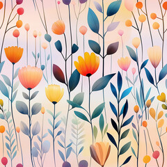 Watercolor depiction of a wildflower meadow with scattered daisies, cornflowers, and poppies in soft shades