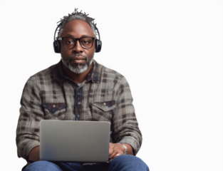 A remote worker in casual attire, seated with a laptop and headset, looking engaged in a virtual meeting, isolated on a white background