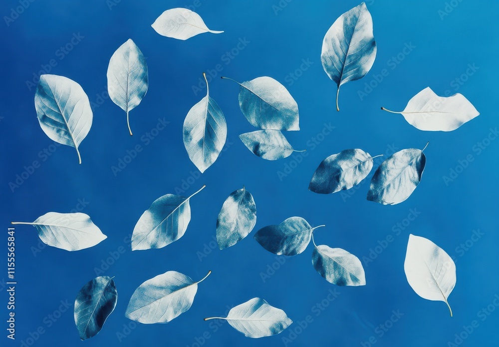 Poster abstract arrangement of delicate leaves in various shades of blue, creating a visually striking and 