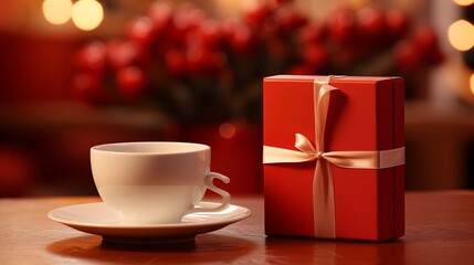 Wooden gift box with an empty card mockup alongside a closed gift box in red color background