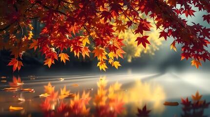 colorful maple leaves beside a river, Autumn in a forest reflection in water
