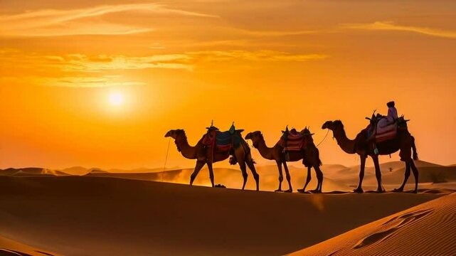 Camel Caravan at Sunset in the Sahara Desert