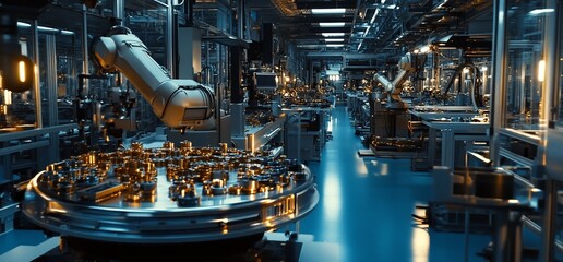 A high-tech industrial facility with robotic arms and machinery for production.