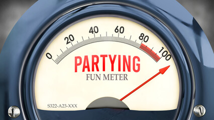 Partying and Fun Meter that is hitting a full scale, showing a very high level of partying, overload of it, too much of it. Maximum value, off the charts.  ,3d illustration