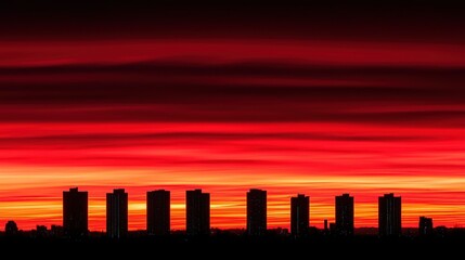 Fototapeta premium Fiery sunset silhouettes cityscape skyline.
