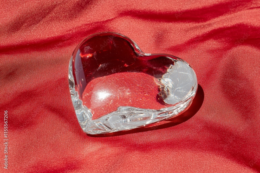 Poster a hyper-realistic image of a polished glass valentine heart with intricate reflections, resting on a