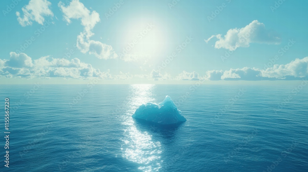 Poster melting iceberg floating serenely in tranquil blue ocean under bright sunlight and scattered clouds.
