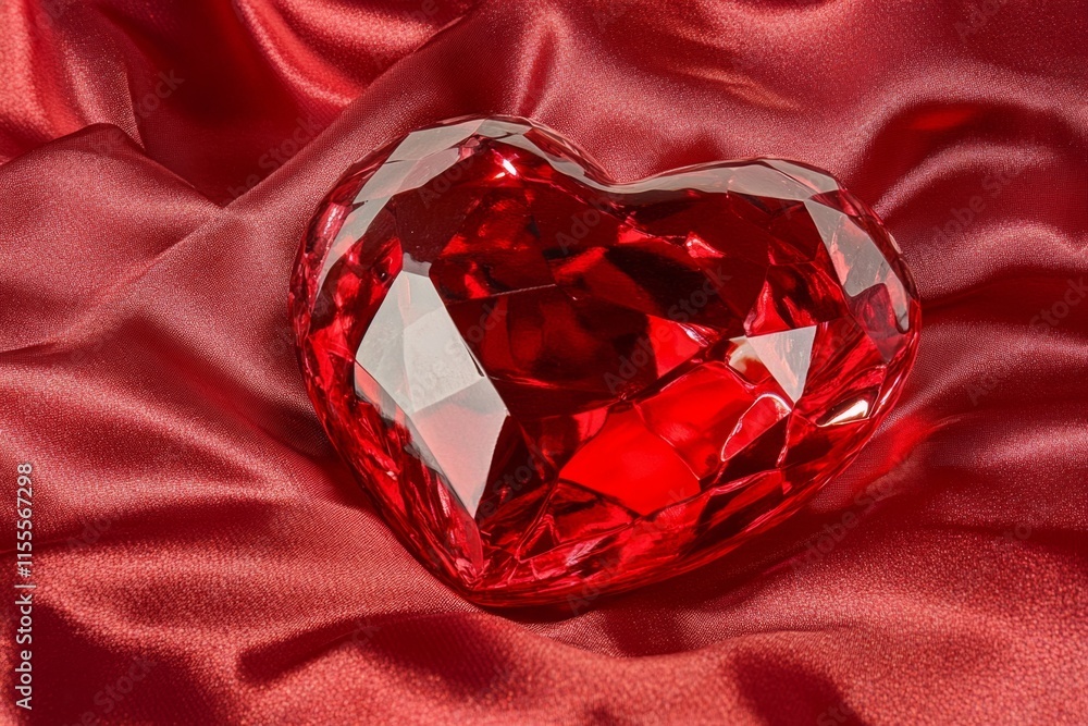 Poster a hyper-realistic image of a polished glass valentine heart with intricate reflections, resting on a