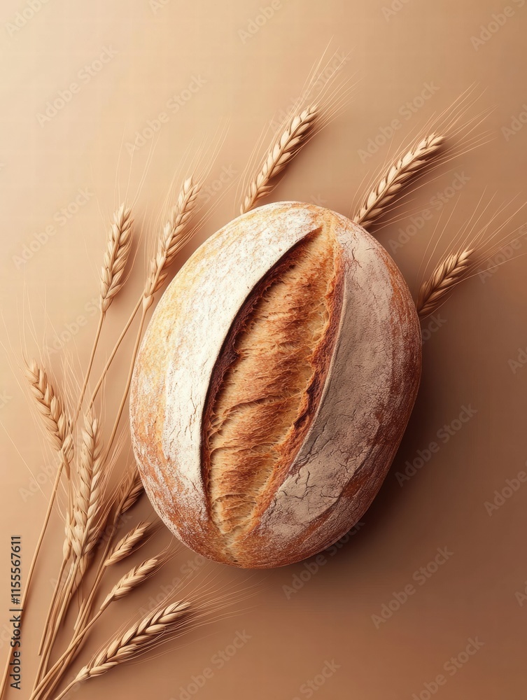 Poster Minimalist bread loaf with wheat grains on a warm background ready for text placement. Generative AI