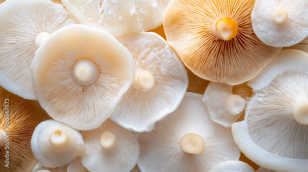 Aufkleber close-up view of various mushroom species displaying unique shapes and textures in natural light